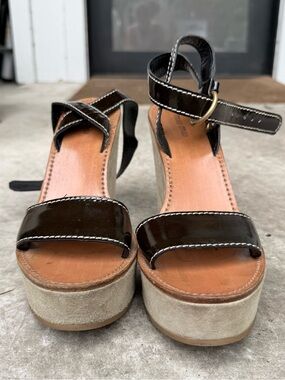 Miu Miu Black Patent Leather Platform Espadrille Sandals